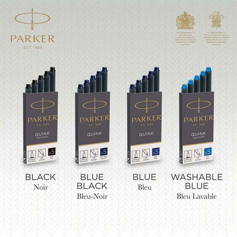 PARKER QUINK Long Fountain Pen Ink Refill Cartridges, Washable Blue,