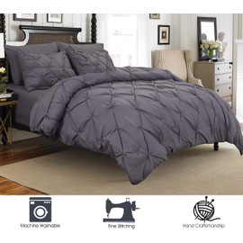 Elegant Comfort 3 Piece Pinch-Pleated Button Closure, Wrinkle-Resistant Ultra-Soft Microfiber Duvet Cover Set, Luxurious Pintuck Décor, Full/Queen, Kitty Gray