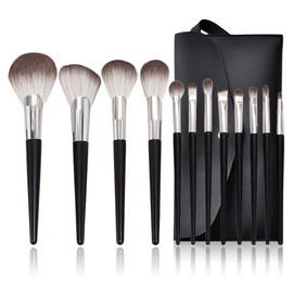 Juego de brochas maquillaje, 12 piezas brocha plateada negra, for sombra ojos en polvo, herramientas belleza multifunción                             
