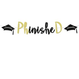 Phinished Banner - PHD Graduation Party Decor, Congrats PHD Banner, Congrats Doctor Graduation Party Decorations Black Gold Glitter