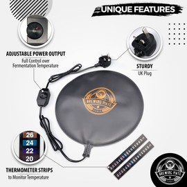 Brewing Mate Home Brew Heat Pad Mat with Adjustable Temperature - 2X Strip Thermometers - Beer and Wine Fermentation Temperature Control, Bread Proofing Mat