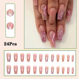 Pink Press on Nails Medium Ballerina Fake Nails Glitter Gradient Pink Swirl Design False Nails with Glue on Nails Artificial Acrylic Nails Bling Square Stick on Nails for Women Girls