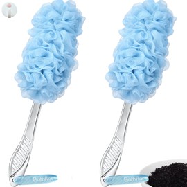 (2+1) Pack Back Scrubber for Shower，Loofah with Handle: 2PCS Long Handle Loofa Back Scrubber, 1PCS Luffa Hook, Charcoal Loofah Pack for Women Men Bath Wash, Blue