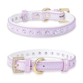 LOVPE Dog Collar Bling Leather with Studded Diamonds Glamorous Rhinestone Gold Buckle Accessory for Small to Medium Dogs,Cats,Girl & Boy Puppies Kittens (S, Purple)