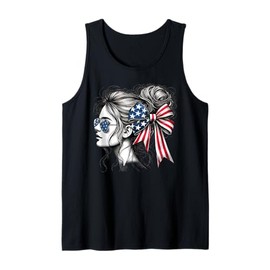 American Woman With Sunglasses And Hairy Bun USA Ribbon Tank Top