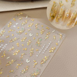 BQZQPAMZ 1 Sheet Yellow Flower Nail Stickers Butterfly Nail Art Decals 5D Embossed self-Adhesive Nail Design Stickers Acrylic Nails Decoration Accessories for Women DIY Spring Manicure Supplies