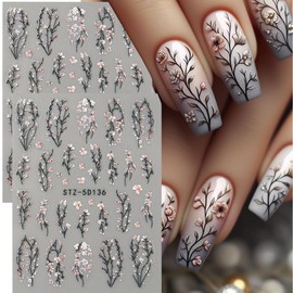 Flower Nail Art Stickers Decals 5D Embossed Flower Nail Decals Nail Art Supplies 2PCS Pink Peach Floral Cherry Blossom Design Flowers Adhesive Stickers Manicure Sliders for Women DIY Nail Decorations
