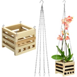 Bucherry Wooden Hanger Orchid Basket 6 Inches with Hangers Rustic Wood Hanging Orchid Planter Square Basket for Indoor or Outdoor Flower Planter with 20 Inches Hanger Chain(1 Set,6 Inch)