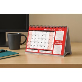 eMKay® 2026 Month-to-View Desktop Planner – Red & Black Flip-Top Calendar with Notes Section – Freestanding Desk Calendar for Office, Home & School