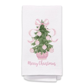 Pink Christmas Chinoiserie Coquette Bow Ball Tree Hand Towels, Kitchen Dish Tea Towels, Bathroom Decor, 16x24 Inches