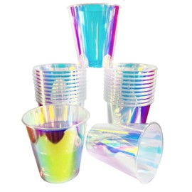 Djenpinex 25 Pack Thick Iridescent Plastic Cups 12oz - Bright Surface Holographic Clear Rainbow Disposable Cups for Bachelorette Party, Wedding, Birthday, Camping (Bright Surface)