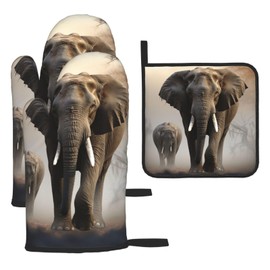 Oven Mitts and Pot Holders 3 pcs Heat Resistant Oven Glove Elephant in The Fog Oven Mitt Non-Slip Oven Gloves for Cooking Kitchen Hot Pads for Grilling Microwave Baking BBQ