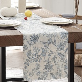 TOPICK Spring Table Runner Linen Farmhouse Table Cloth Blue Floral Decorative Table Runners 72 Inch Botanic Printed Burlap Handcrafted Flax Coffee Table Decor 1 Panel Blue on Beige