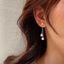 TseenYi Long Pearl Tassel Earrings Vintage Pearl Tassel Earrings Gold Pearl Crystal Cluster Earrings Long Pearl Rhinestone Drop Earrings Pearl Bridal CZ Earrings Jewellery for Women and Girls, Resin