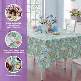 Newbridge Easter Cotton Tail Bunny Party Vinyl Flannel Backed Spring Tablecloth - Cottage Style Bunny Rabbit, Easter Egg & Floral Wipe Clean Easy Care Vinyl Tablecloth, 52” x 70” Oblong/Rectangle