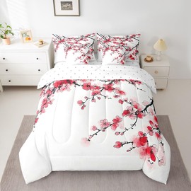 Feelyou Cherry Blossoms Bed Set for Kids Boys Girls Twin Size Sakura Flower 7 Pieces Beeding Set Ultra Soft Japanese-Style Bed in a Bag with Comforter, Sheets, Pillowcases Floral Botanical Room Decor