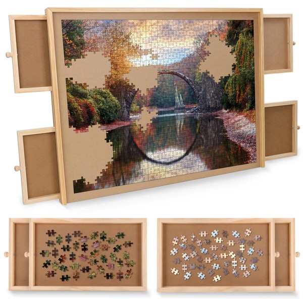 Jigitz 1500 Piece Wooden Jigsaw Puzzle Board - 26 x 34 Inch Jigsaw Puzzle Table with 4 Drawers Standard Puzzle Plateau Puzzle Storage Table