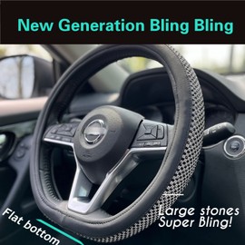 PINCTROT D Shaped Bling Comfy Steering Wheel Cover with Jumbo Crystal Rhinestones, Anti-Slip Diamond Leather, Flat Bottom 14.5-15 Inch (Black)