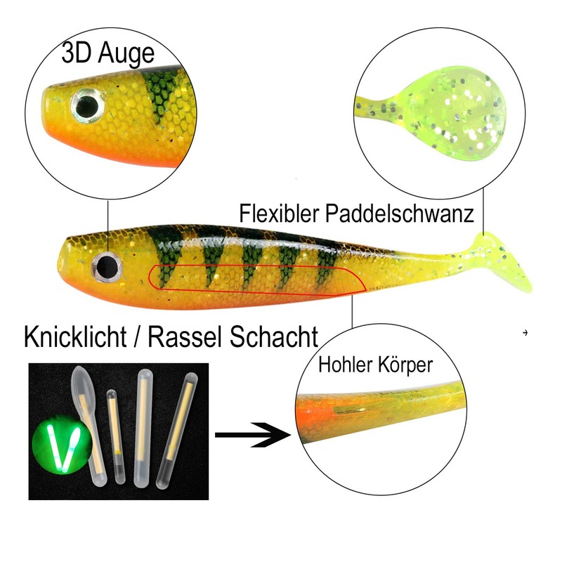 Rubber Fish Set with Glow Stick/Attractant/Rattle Channel 12 cm 20x