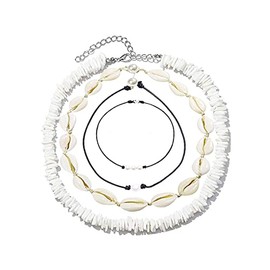 GiantGo Shell Necklace for Women Pearl Necklace Adjustable Shell Chain Bracelet Beach Boho Jewelry Set for Girls 4pcs, Plastic, No Gemstone