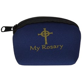 Catholic Gift Blue My Rosary Zippered Pouch Case with Stamped Gold Celtic Cross Design