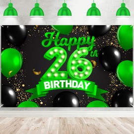 Happy 26th Birthday Green and Black Banner Backdrop Cheers to 26 Years Old Confetti Balloons Theme Decor Decorations for Women 26 Years Old Birthday Party Bday Supplies Background Gift Glitter