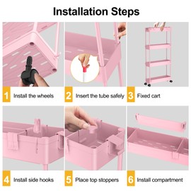 SPACELEAD Slim Storage Cart 4 Tier,Bathroom Organizer Rolling Utility,Mobile Shelving Unit Slide Out for Office, Kitchen, Laundry Room & Narrow Places,Pink