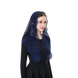 Wgior Lace Chapel Veil with Virgin Mary and Jesus Embroidery - Soft, Full-Length Veil for Prayer and Worship (Navy Blue)