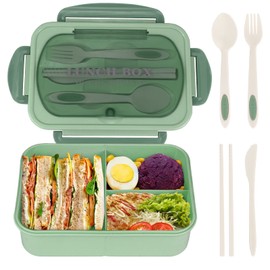 NatraProw Bento Box for Adult, 1200 ML Lunch Containers for Adults, LeakProof Lunch Box with Utensils, BPA Free, 3 Compartment Bento Box Microwave Safe, Green