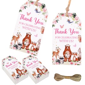 Serencatcher Woodland Thank You Tags, 50pcs Woodland Animal Baby Shower Party Favors Thank You for Celebrating with Us Tags with String for Pink Girl Forest Woodland Floral Birthday Gender Reveal