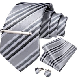 DiBanGu Silk Necktie, Wedding, Pocket Square, Tie Clip, Cufflinks Set, Gift Box Included, stripe grey