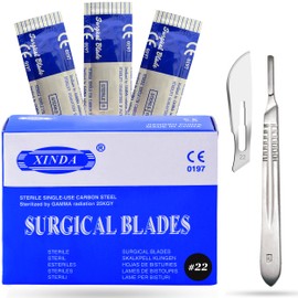 VISION TEK MED Pack of 100 Blades #22, Scalpel Blades for Knife Scalpel, High Carbon Steel Dermablade Blades. Individually Wrapped, Sterile + Free 1 Handle #4