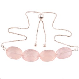 Natural Rose Quartz Bar Bracelet, Faceted Oval Beads Gemstone, Adjustable Slider Chain, Energy Healing Crystals, Birthday, Gift for Her, Gemstone Jewelry for Women 10-inch AAA+ Quality (rose-quartz)
