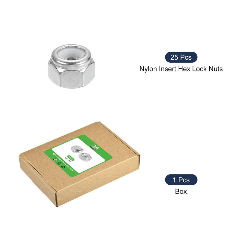 sourcing map 25Pcs 1/4"-20 Nylon Insert Hex Lock Nut, 304