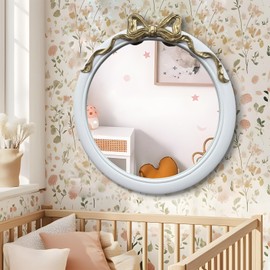 iyabat 28x28 inch Gold and White Bow Mirrors for Wall, Round/Circle God Decorative Wall Mounted Mirror, Irregular Mirrors Suitable for Bedroom, Hallway, Living Room Decoration, Nursery, Girls Room