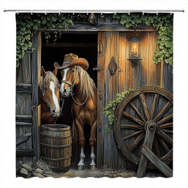 PZMPZM Western Horse Shower Curtain Rustic Barn Door Farmhouse Cowboy Animal Green Leaves Country Vintage Wheel Bathroom Curtains Polyester Fabric Set with Hooks 70Wx70H Inch