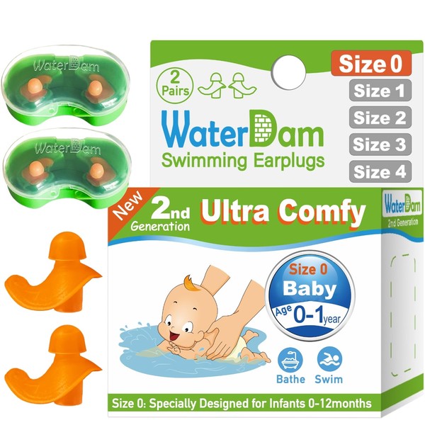 WaterDam Tapones para los oídos de natación, impermeables, ultra cómodos, para evitar el oído del nadador (Talla 0+0: Bebés de 3-12 meses (Naranja Naranja))
