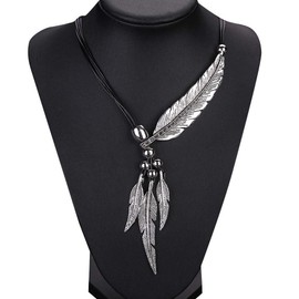 Glibrillody Bling Feather Pendant Necklace National Style Necklace Big Statement Necklace for Women Girls (Silver)