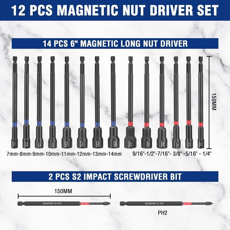 WORKPRO 16PC Magnetic Nut Driver Set Bit 1/4"Hex 6" Long