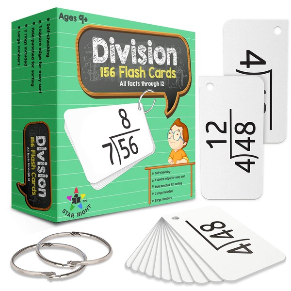 Star Right Education Math Division Flash Cards, 0-12 (All Facts, 156 Cards) With 2 Rings