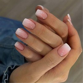Ombre Press on Nails Medium Square Fake Nails Gradient Pink False Nails Full Cover Acrylic Glossy Glue on Nails Nude Artificial Nails Stick on Nails for Women Mainicure 24Pcs