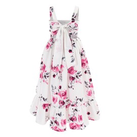Flofallzique Girls Floral Dress Summer Vintage Tie Back Kids Birthday Party Maxi Dress for 4-14 (6Y, White)