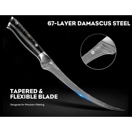 Damascus Fillet knife 7 Inch - Ultra-Sharp Fillet Knife for Fish and Meat, Professional Japanese Boning Knife with VG10 Steel Core, Full Tang G10 Handle, Elegant Box
