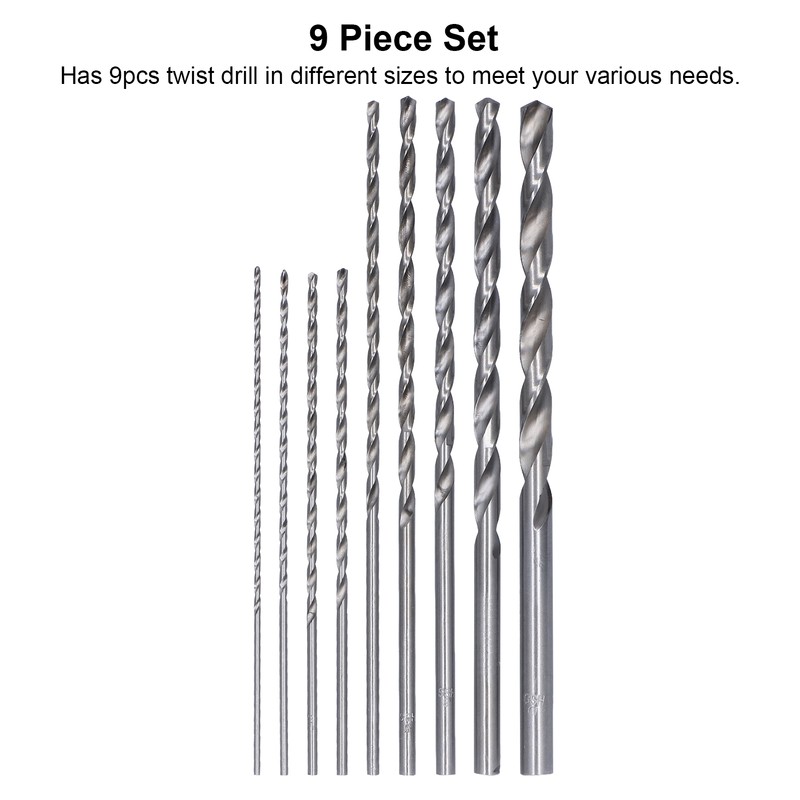 9Pcs Twist Drill Bit Extra Long High Speed Steel Drilling