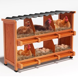 POOAMY 2-Tier Chicken Nesting Box, 6 Compartment Wooden Nesting Box for Chickens with Waterproof Roof, Non-Slip Stable Base, Heavy Duty Chicken Laying Boxes for Hens, Duck, Poultry, Bird, Orange