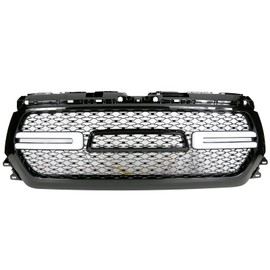 IKON MOTORSPORTS, Grille Compatible With 2019-2024 Ram 1500, DRL Daytime Running Light, Truck Front Bumper Hood Mesh Grill with Switchback Turn Signal Gloss Black