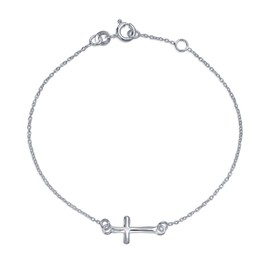 Religious Spiritual Minimalist Horizonal Tiny Sideways Cross Bracelet For Women Teens Communion Gift .925 Sterling Silver 7-8 Inch Adjustable