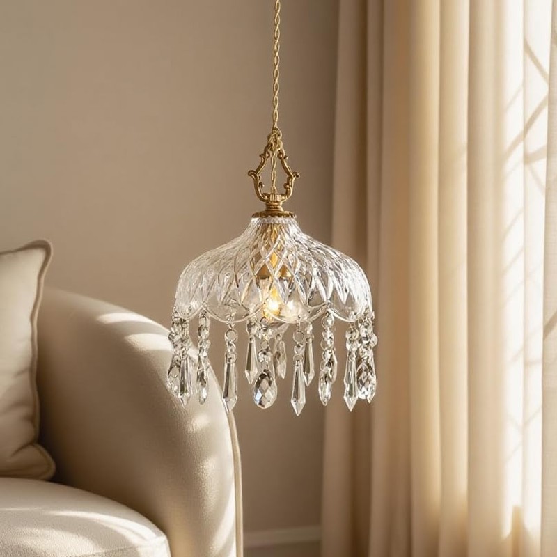 LYTSNUGIC Small Vintage Crystal Pendant Light Kitchen Island,French Brass Glass