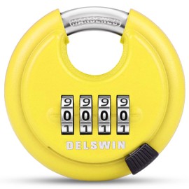 DELSWIN 4 Digit Combination Disc Padlock with Hardened Steel Shackle Combo Lock for Sheds, Storage Unit, School Gym Locker and Fence (Yellow,1Pcs)