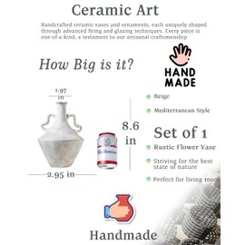 KensTro Beige Ceramic Rustic Farmhouse Boho Stoneware Vase with Handles,8.6'' Tall – Vintage Modern Decorative Flower Vase with Eroded Texture,for Home Decor,Versatile Tabletop Accent Piece